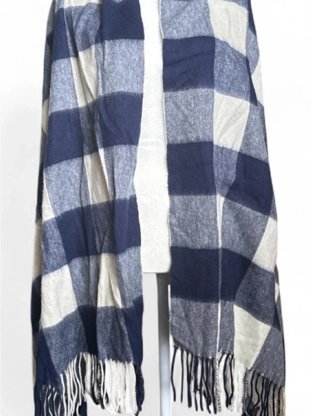 J. Crew Navy & Cream Checked Fringe Wrap Around Scarf with Arm holes